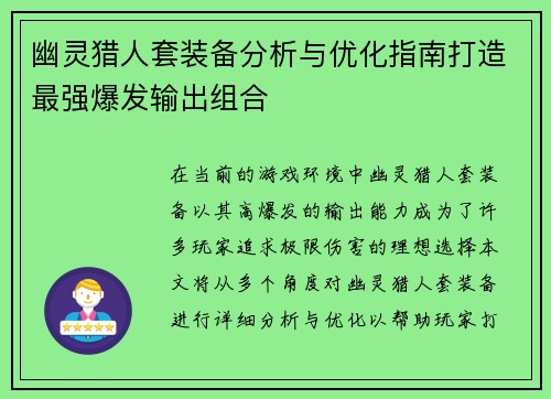 幽灵猎人套装备分析与优化指南打造最强爆发输出组合